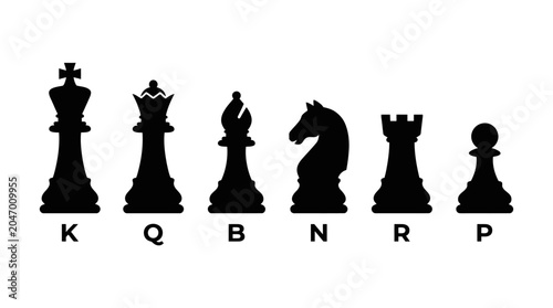 Classic chess piece silhouette vector collection featuring king, queen, bishop, knight, rook, and pawn designs for strategy, board game, and educational graphic projects.