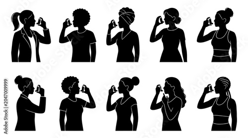 Medical inhaler usage silhouette vector collection showing diverse individuals using asthma inhalers, respiratory treatment concept, and healthcare awareness design for wellness and medical education 