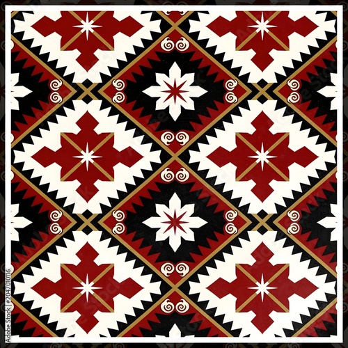 Albanian Folk Embroidery Seamless Pattern — Vector Textile Design, Diamond Grid, Ram-Horn Motif, Black Red Ivory Gold