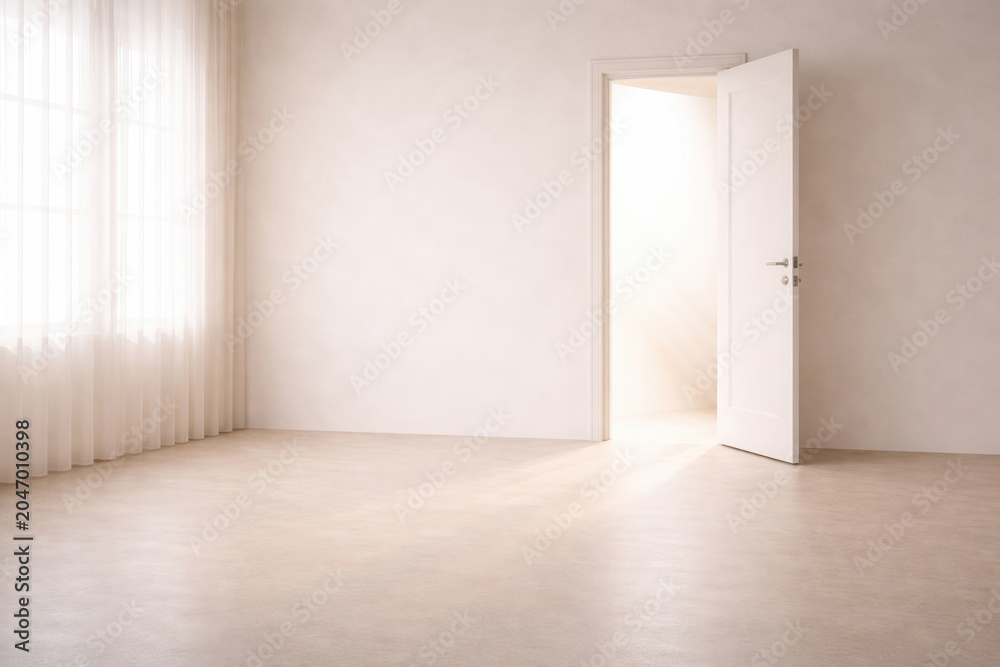 Fototapeta premium Empty Room with Open White Door and Sunlight Stream on Concrete Floor, Minimalist Interior Design