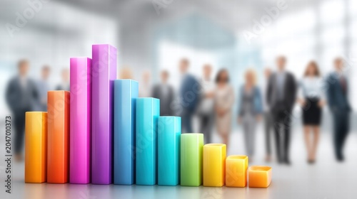Vibrant 3d bar graph symbolizing business success in front of a blurred team.