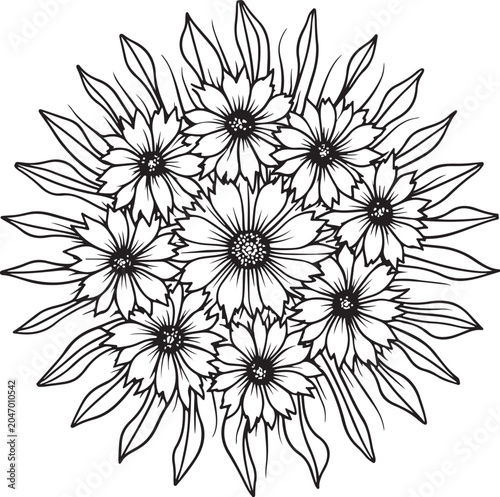 Black and white floral mandala, vector flower illustration, line art design, coloring book page