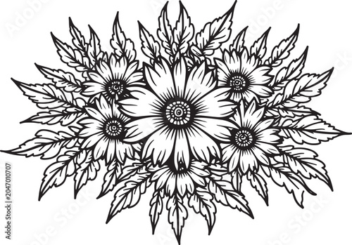 Black and white floral vector, line art flowers, botanical illustration, decorative leaf design