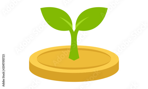 Minimalist icon of a green seedling sprout emerging from a circular gold coin base isolated on white background sustainable finance concept