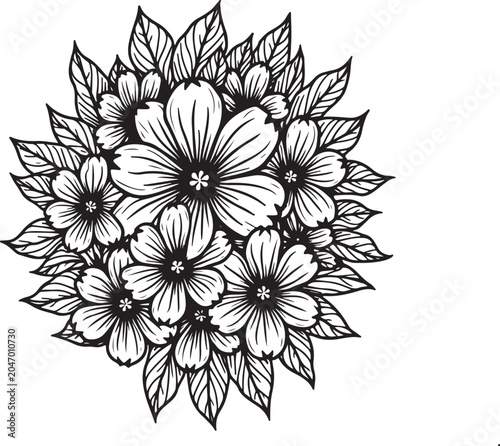 Black and white floral bouquet, line art flowers, vector illustration, botanical design