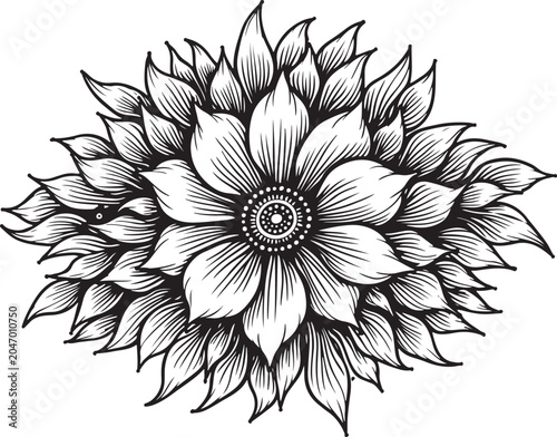 Black and white floral illustration, large flower, petal details, line art design