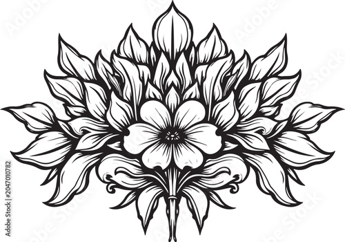 Black and white floral bouquet, line art flowers, vector illustration, decorative blooms