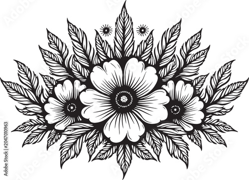 Black and white floral arrangement, vintage flower illustration, line art bouquet, decorative botanical design