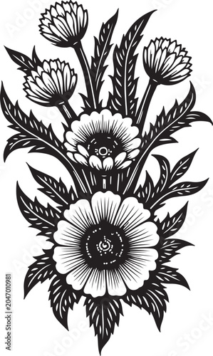 Black and white floral bouquet, vector flowers, botanical illustration, monochrome blooms