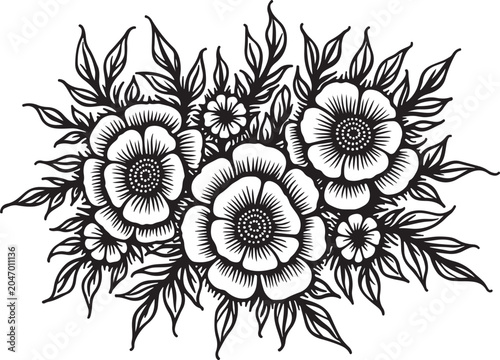 Black and white floral bouquet, line art flowers, vector illustration, botanical design