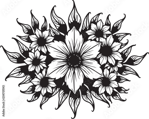 Black and white floral bouquet, flower arrangement, line art illustration, vector flowers
