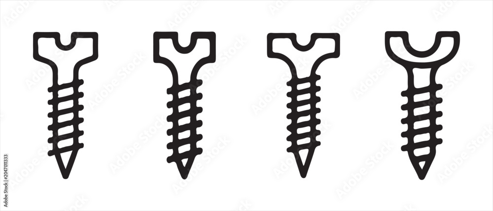 Obraz premium Set of four different metal screw head icons isolated on white background in a minimalist line style.