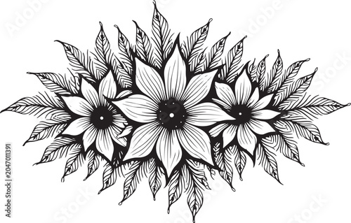 Black and white floral illustration, line art flowers, botanical vector, monochrome blooms