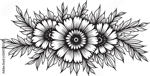 Black and white floral border, line art flowers, leafy illustration, vector ornament