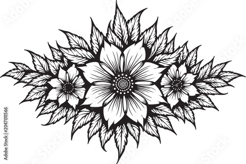 Black and white floral mandala, intricate flower design, vector illustration, decorative border