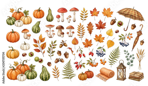 Autumn watercolor collection with mushrooms and pumpkins vector illustration isolated on white background