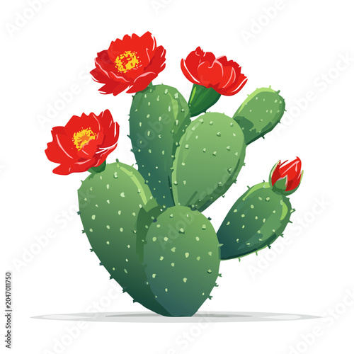 Green desert prickly pear cactus plant with vibrant red blooming flowers for wild west game landscape environment decoration graphic asset