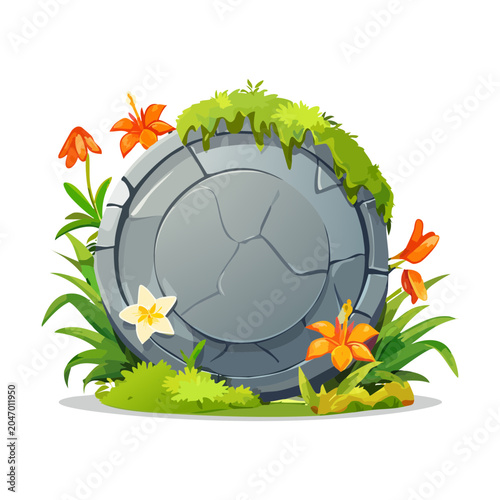 Cuadro en lienzo Round ancient stone plaque shield decorated with green moss and colorful tropica