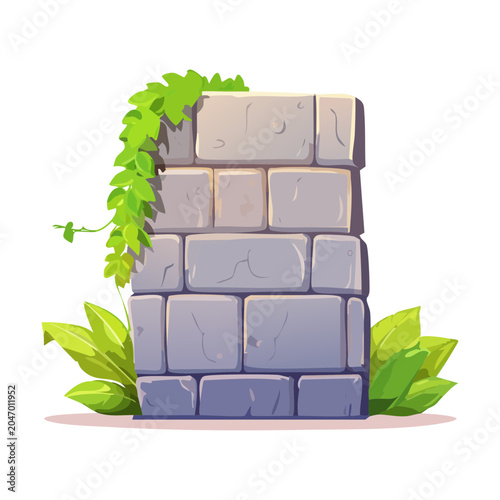 Ancient stone block pillar wall covered in climbing green moss and ivy liana vines for medieval castle castle ruin game asset