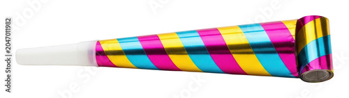 Vibrant striped party horn noisemaker with shiny metallic finish for celebrations isolated transparent background image