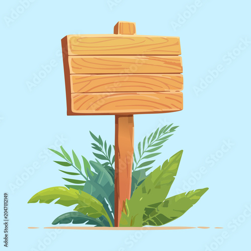 Vertical blank wooden board sign post banner with green grass for farm garden message notice board and simulation mobile game UI asset