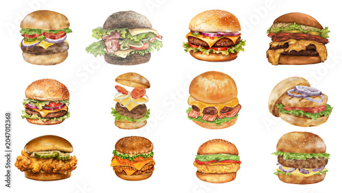 Billede på lærred A diverse collection of mouth-watering watercolor burger illustrations, showcasi