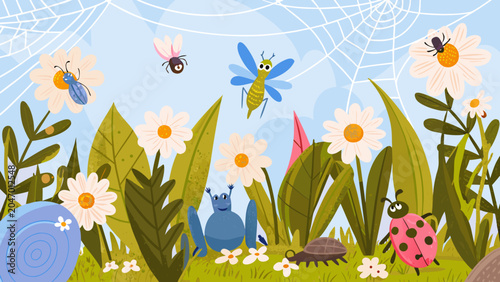Foto A colorful vector illustration depicting a bug community amongst flowers and fol