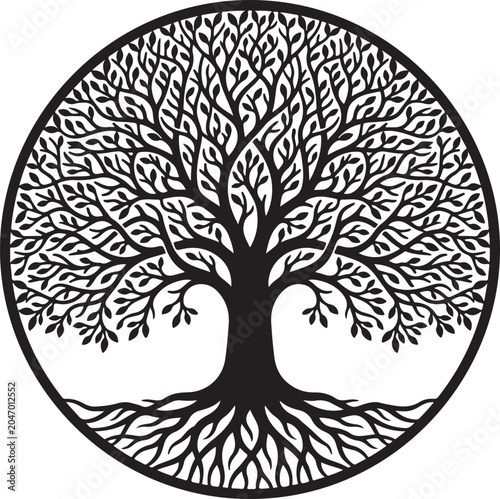 Tree of Life, Black Silhouette, Circular Design, Vector Icon