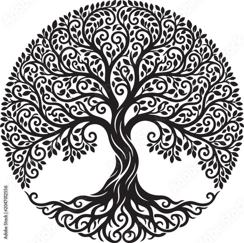 Intricate tree of life, black, circular, ornamental design, vector, symbol, decorative