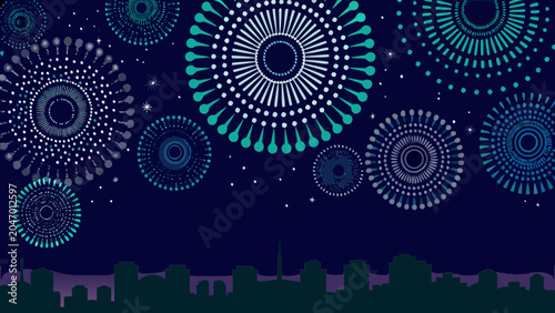 Konstfotografi Fireworks display vector illustration with a city skyline silhouette against a d