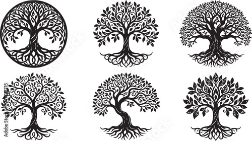 Tree of Life Icons, Black Silhouette Vector Set, 6 Unique Designs, Nature Symbols, Eco Friendly
