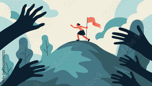 Schilderij op canvas A person with a flag atop a hill surrounded by reaching hands a colorful vector