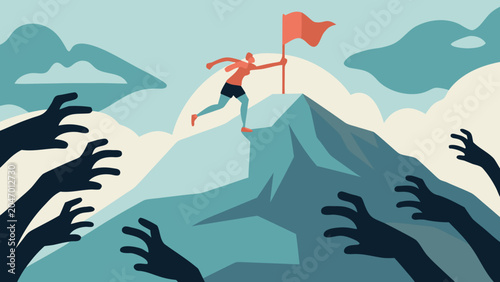 Foto Person running with a red flag atop a mountain surrounded by reaching hands a ve
