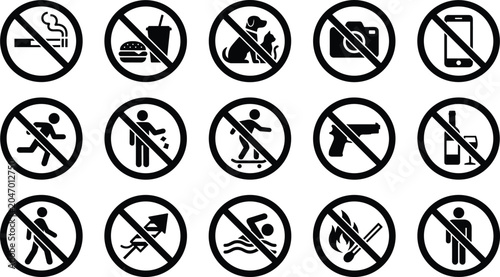 Prohibition Sign Icon Set with No Smoking, Food, Pets, Photography, Phones, Weapons, Alcohol, Swimming, and Open Flame Warning Restriction Graphic Symbols