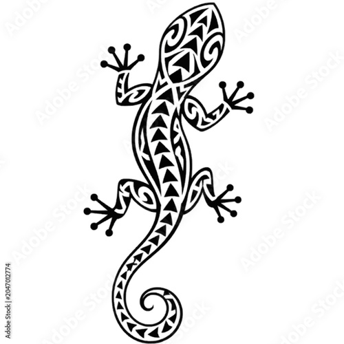 Polynesian gecko tattoo design in black and white vector style, tribal symbolism and decorative body art, isolated illustration