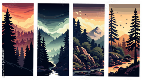 Fotografi Four Vertical Panels Depicting Scenic Mountain Landscapes In A Vector Illustrati