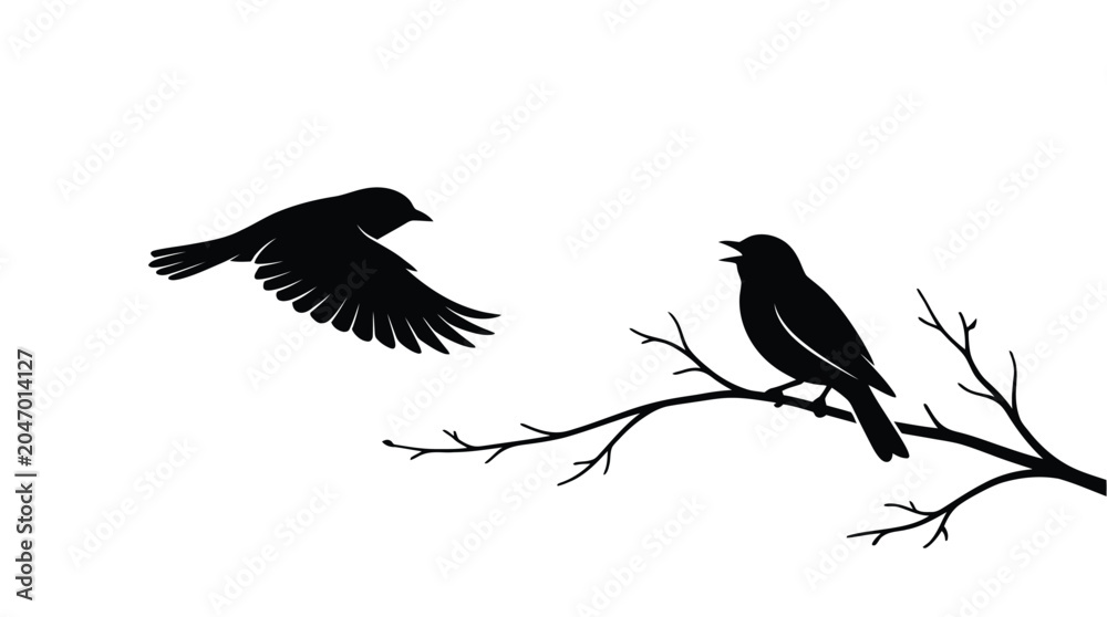 Fototapeta premium Elegant black vector illustration showing two small birds interacting on a simple thin tree branch