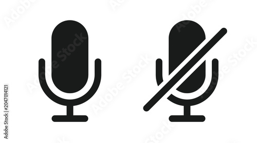 Minimalist black vector graphic design showing microphone icons with and without a mute slash symbol