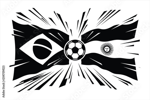 Brazil, Argentina soccer flags, black and white burst, vector illustration, football, sports design
