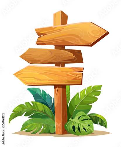 Three way wooden pointer signpost with leaves vector illustration for tropical jungle safari orientation guide and island resort pathfinding game