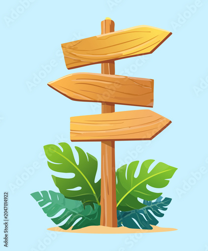Multiple direction wooden arrow sign board vector illustration for paradise beach resort wayfinding and wild forest adventure game level asset