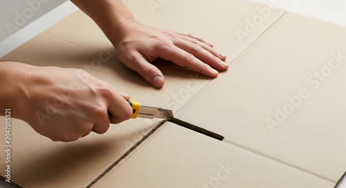 Hands cutting cardboard box with utility knife for opening a package
