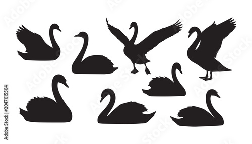 Slika na platnu black and white silhouette set of swan very high quality vector illustration