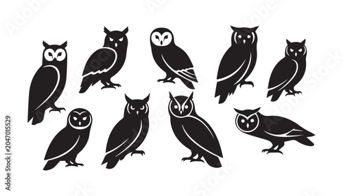 Schilderij op canvas black and white silhouette set of owl very high quality vector illustration