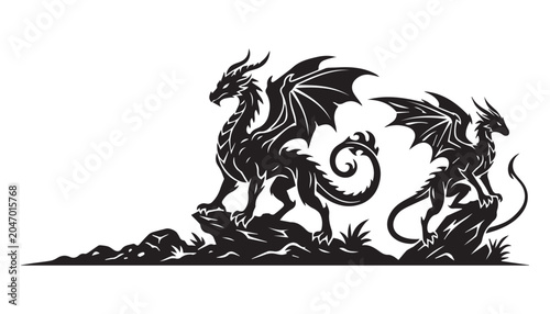 Bild auf Leinwand black and white silhouette set of dragon very high quality vector illustration