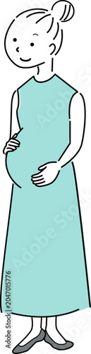 お腹をさする妊婦の全身シンプルイラスト（マタニティ・妊娠・女性・人物素材）/ Simple Full-Body Illustration of a Pregnant Woman Holding Her Belly (Maternity Concept)