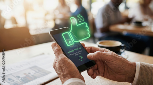Elderly mobile payment security approval green glow