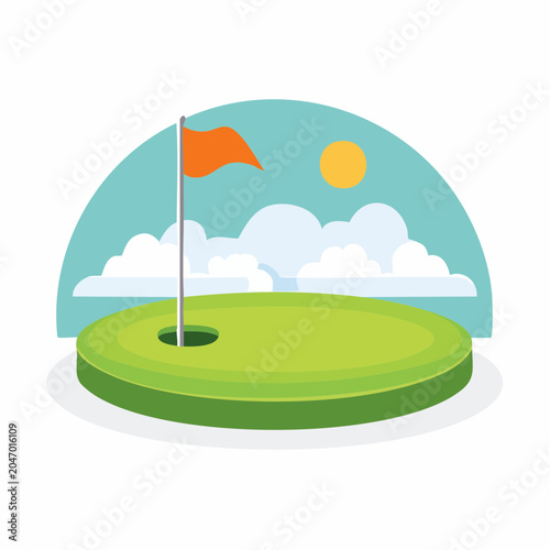 Golf hole with flag on green under sunny sky