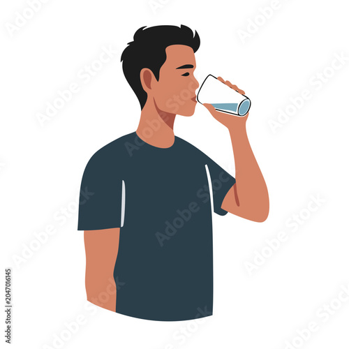 Man drinking water from a glass, flat design illustration