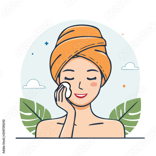 Woman with towel on head cleaning face with cotton pad